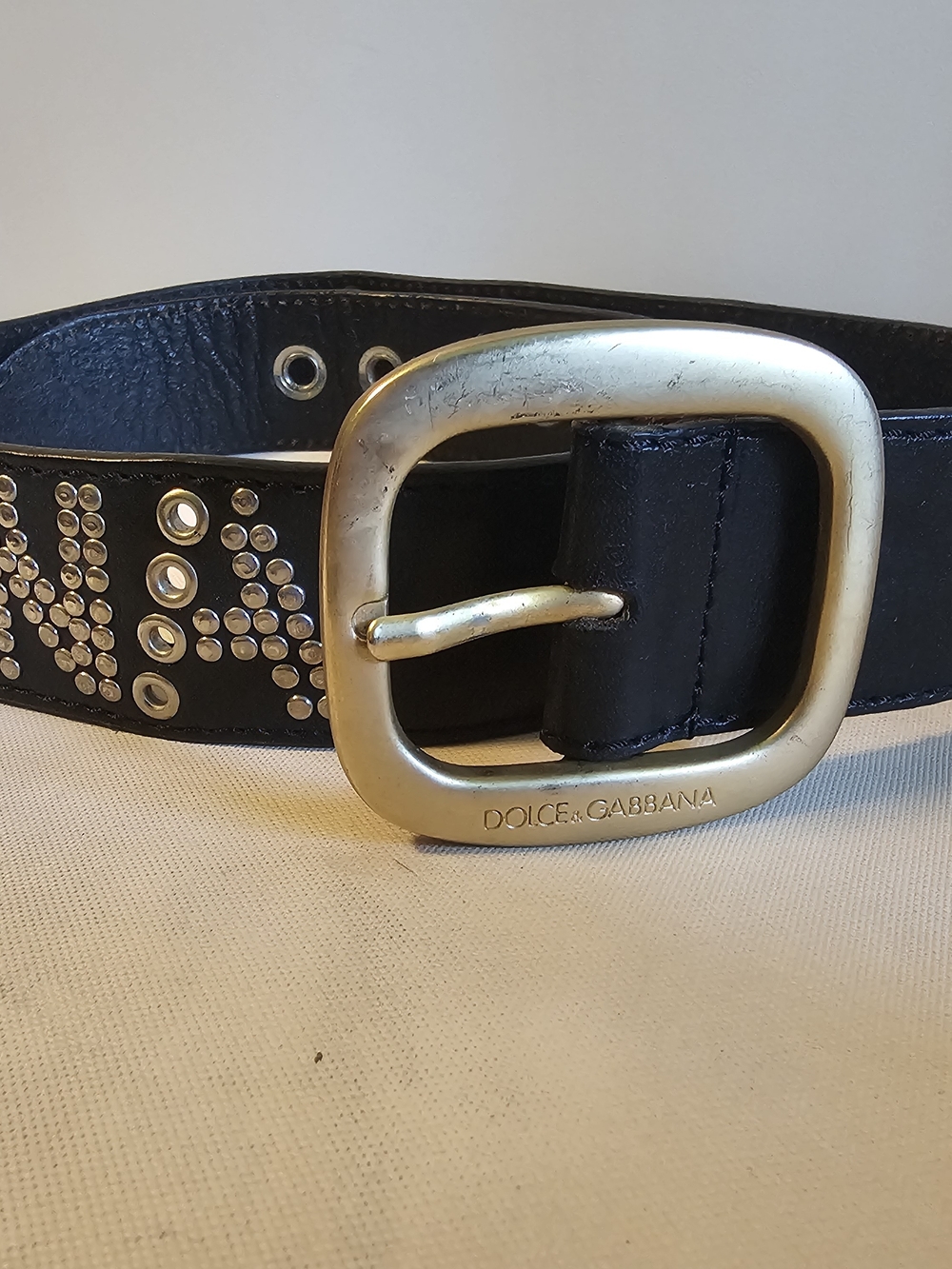 Dolce & Gabbana Black Leather Studded Belt with Gold Buckle